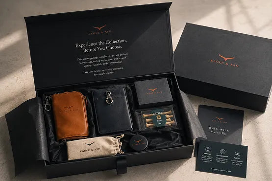An open black presentation box from Eagle & Ash on a light stone surface, displaying a curated men's accessory set including a tan leather card holder, a black wallet, a black zip case, a small black box, a beige drawstring pouch, and a round black item. A closed black box, a branded card, and a small card lying beside it complete the arrangement.