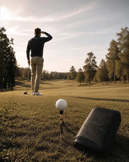 A golfer stands on a golf course looking out over the fairway, with a golf ball on a tee and a black leather golf bag in the foreground. The bag has the brand name 'GOLF & ASH' debossed on it.