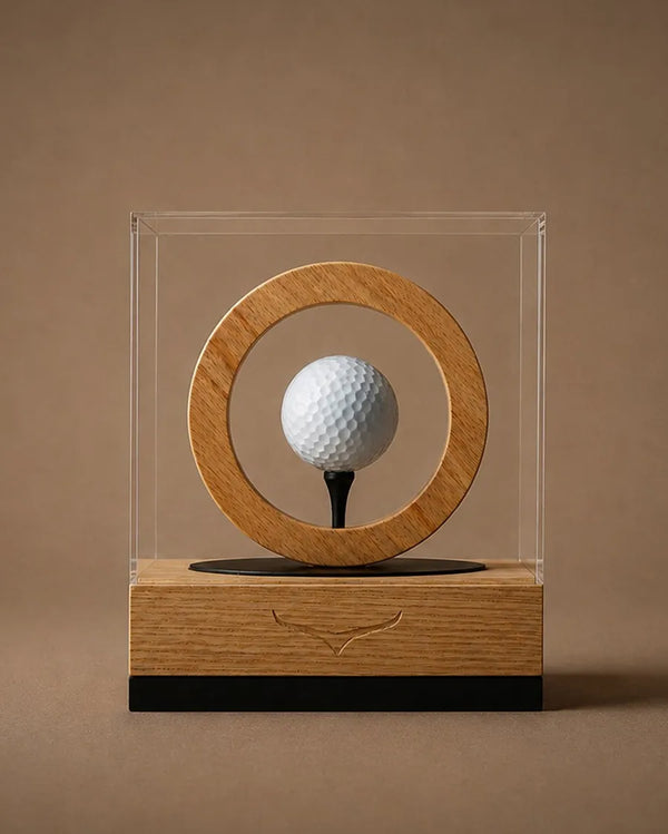 A golf-themed decorative display featuring a white golf ball on a black tee, centered within a circular wooden frame, all set inside a clear acrylic case on a wooden base against a warm brown background.