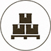 A circular icon depicting a three-tier wooden crate or stack of boxes, rendered in a dark brown color on a white background with a thin dark border.