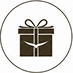 A simple black line icon of a wrapped gift box with a bow, centered inside a thin circular border on a white background.