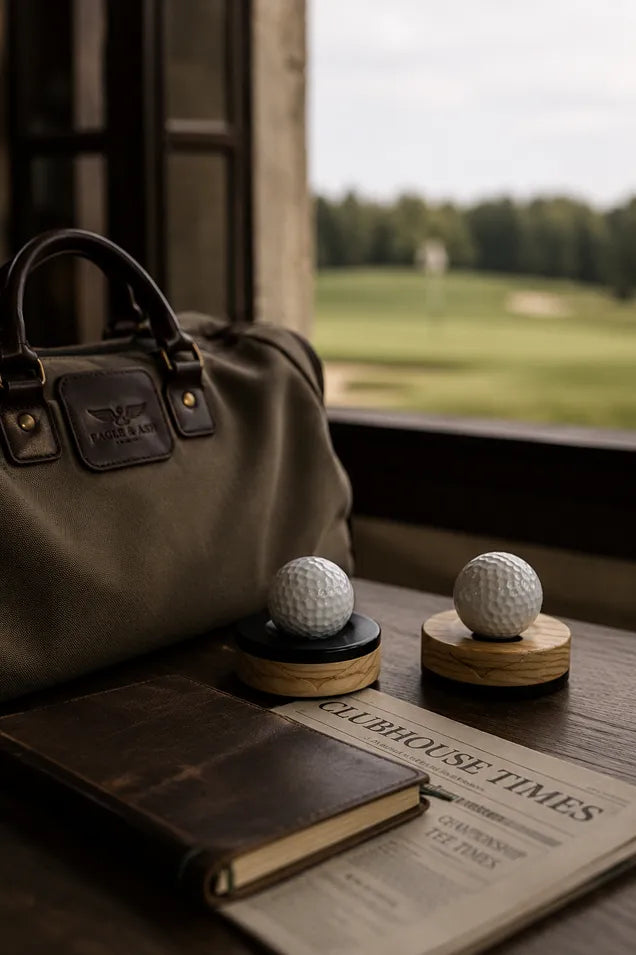 Table with bag and two golf balls