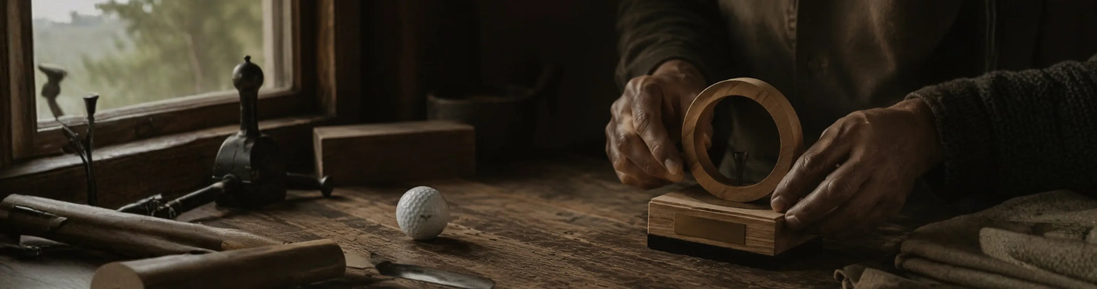 A close-up lifestyle shot of a person's hands holding a wooden ring-shaped object over a small wooden block on a rustic wooden workbench, with tools and a window in the background.