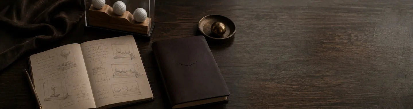A dark brown leather-bound notebook lies open on a rustic dark wood table next to a closed dark brown book, with a small brass bowl, wooden blocks, and white eggs in the background.