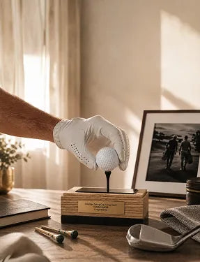 A white golf glove on a hand holding a golf ball above a wooden branded display stand on a table, with framed photo, golf clubs, and a teiger weighted club in a warm indoor setting.