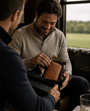 A man in a beige quarter-zip sweater smiles while receiving a brown leather wallet from another man in a dark navy shirt. The wallet features an embossed logo of a horse head.