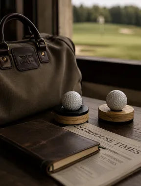 A dark olive green canvas golf bag sits on a wooden table next to a leather notebook and a newspaper, with two golf balls on small wooden stands in front of a window showing a golf course in the background.