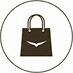 A dark brown minimalist line-art icon of a handbag inside a black circular border, representing a product category or brand logo.