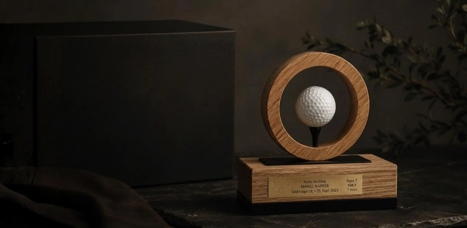 A wooden golf-themed trophy display with a white golf ball suspended inside a circular wooden ring on a rectangular wooden base with engraved text, set against a dark background with a black box and blurred foliage.
